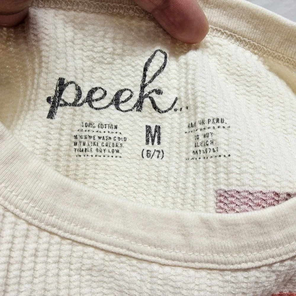 Peek Waffle Knit Thermal Kids Size M 6/7 Cream Graphic Inspirational Long Sleeve